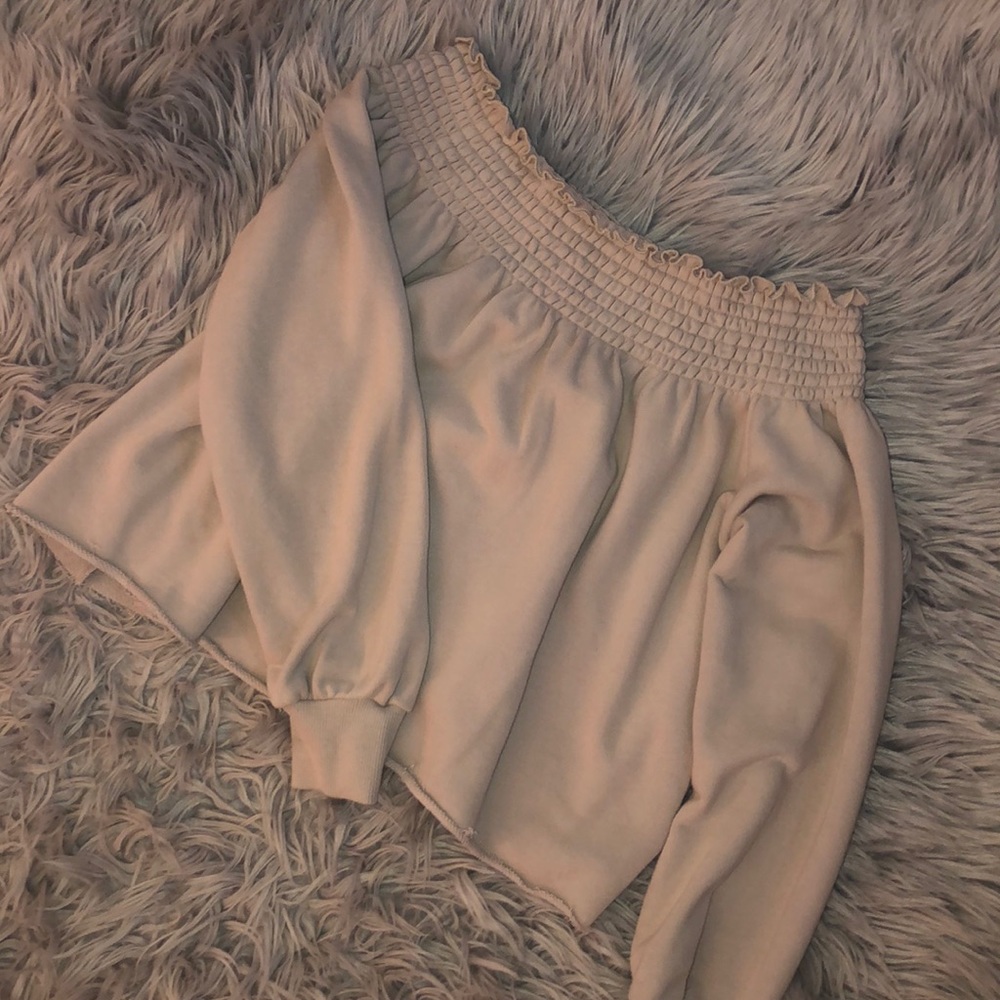 Tan cropped off the shoulder top